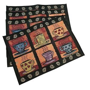 Set of 4 Vintage Carolyn Oltman Placemats Tapestry Coffee Cup Design
